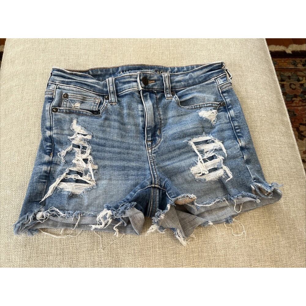 American Eagle Sz 4 Shorts Hi-Rise Shortie Distress Denim Khaki LOT of 2 Pairs - Picture 5 of 14